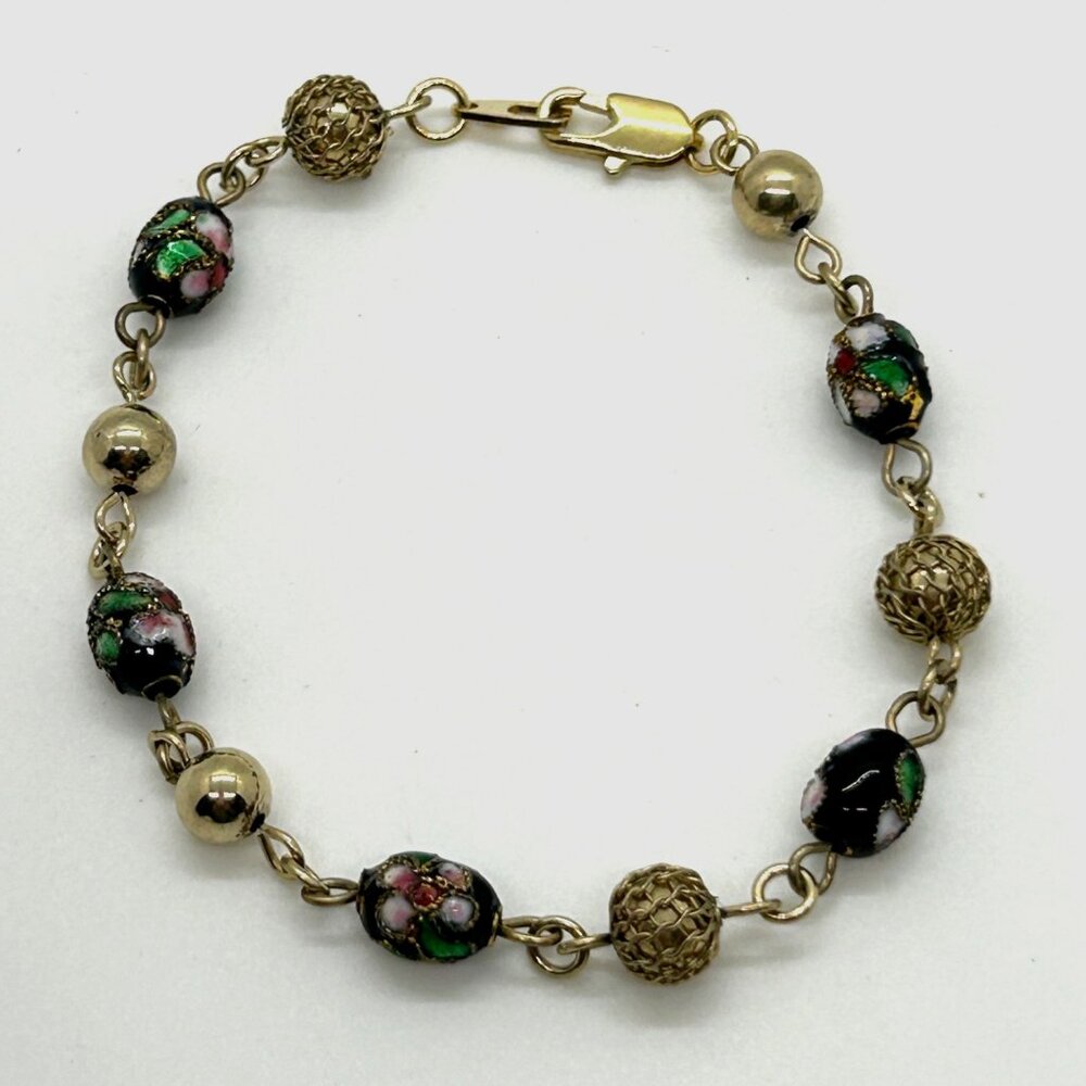 Vintage Cloisonné Bracelet Floral Enamel Filigree Gold Tone Multi-Colored 7"